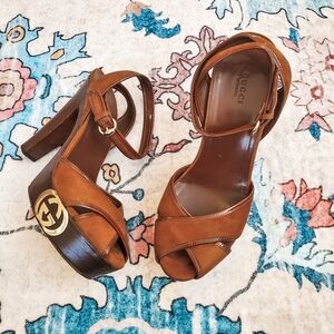 Gucci Brown Suede Grease Cross Strap Platform Heels With Block Heels